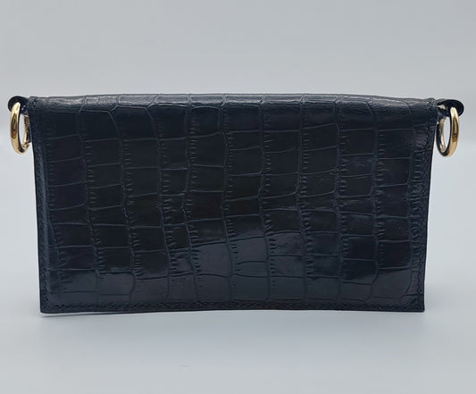 Le sac portefeuille noir en cuir imprimé crocodile