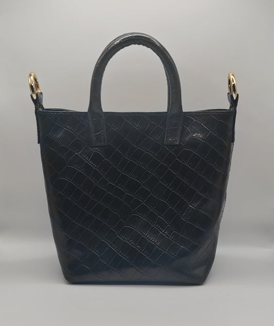 Le sac seau en cuir imprimé crocodile